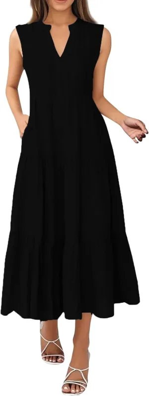 Summer Dresses for Women 2025 Maxi Casual Floral Boho Sundresses Sleeveless V-Neck Pleated Beach Vacation Tank Dress