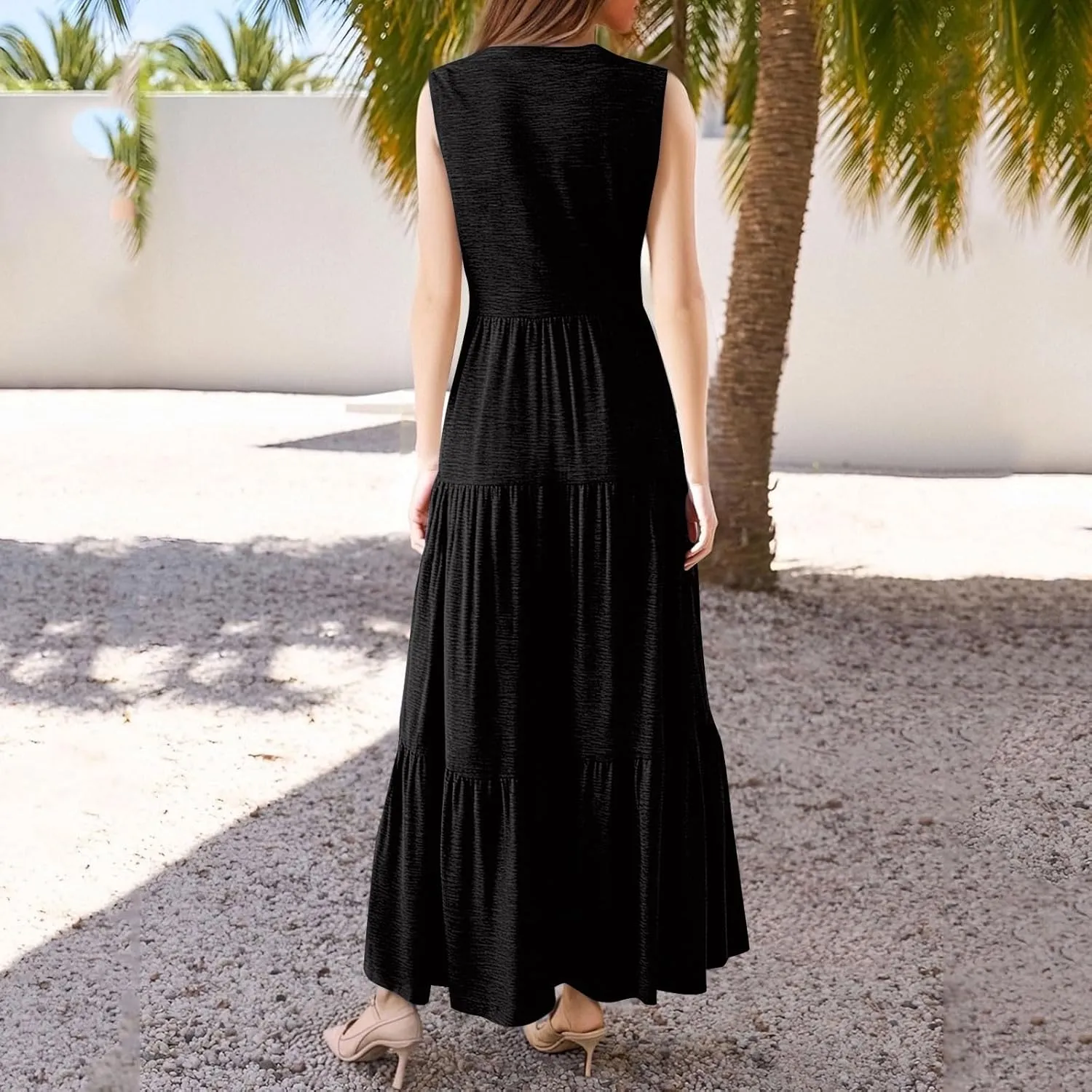 Summer Dresses for Women 2025 Maxi Casual Floral Boho Sundresses Sleeveless V-Neck Pleated Beach Vacation Tank Dress
