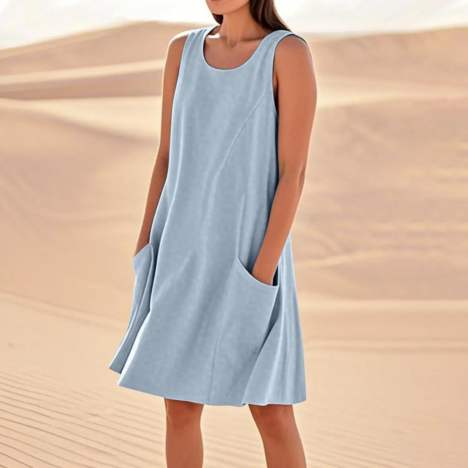 Summer Dresses for Women 2025 Round Neck Short Sleeve Cotton Linen Dress Beach Vacation Sundresses with Pockets