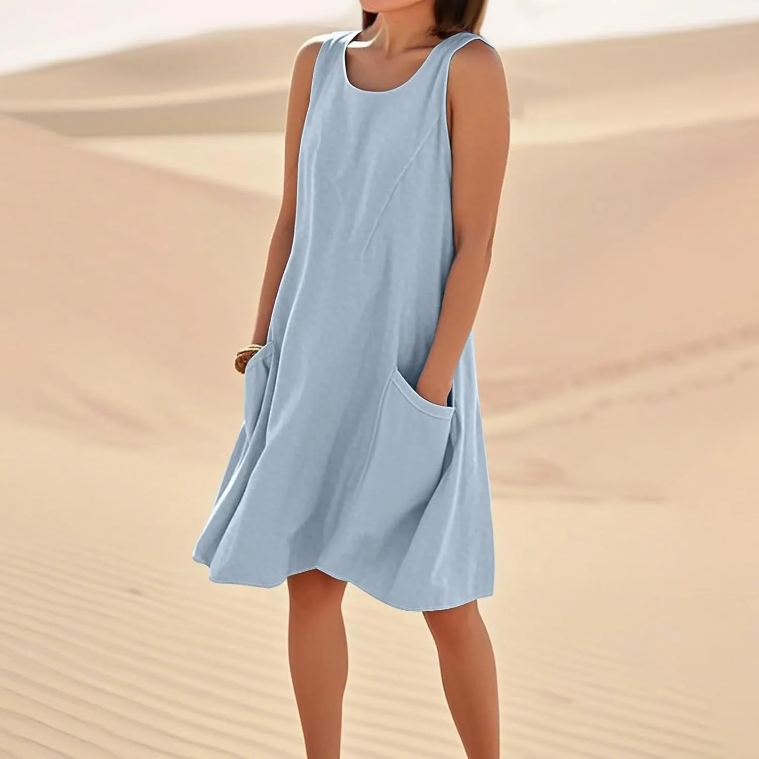Summer Dresses for Women 2025 Round Neck Short Sleeve Cotton Linen Dress Beach Vacation Sundresses with Pockets