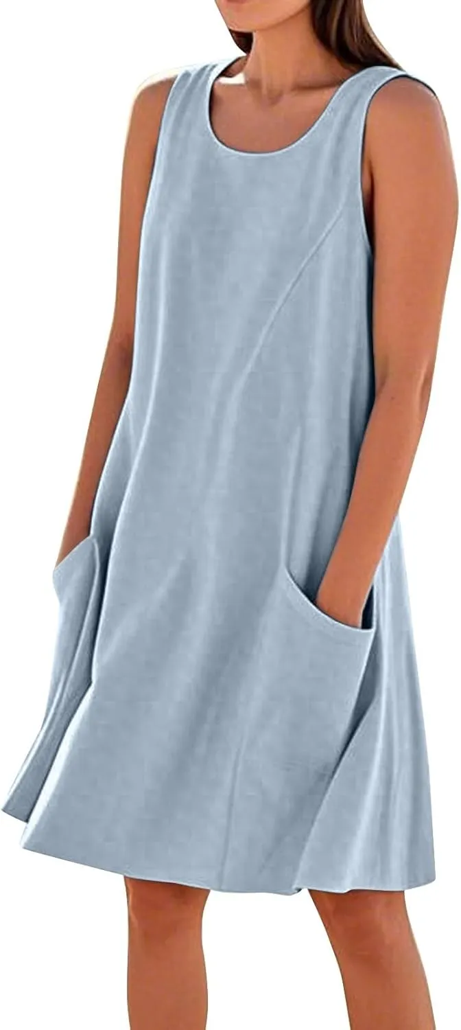 Summer Dresses for Women 2025 Round Neck Short Sleeve Cotton Linen Dress Beach Vacation Sundresses with Pockets