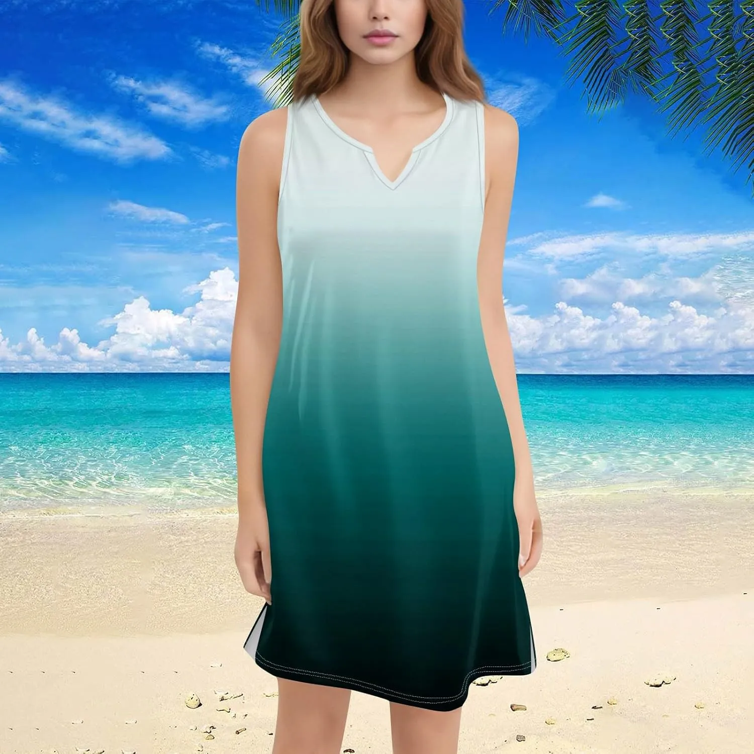 Summer Dresses for Women 2025 Solid Color Casual Sleeveless V-Neck Tank Dress Flowy A-Line Beach Vacation Sundresses