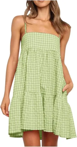 Summer Dresses for Women 2025 Spaghetti Strap Ruffle Tiered Tube Top Mini Dress Sexy Beach Vacation Dress with Pocket