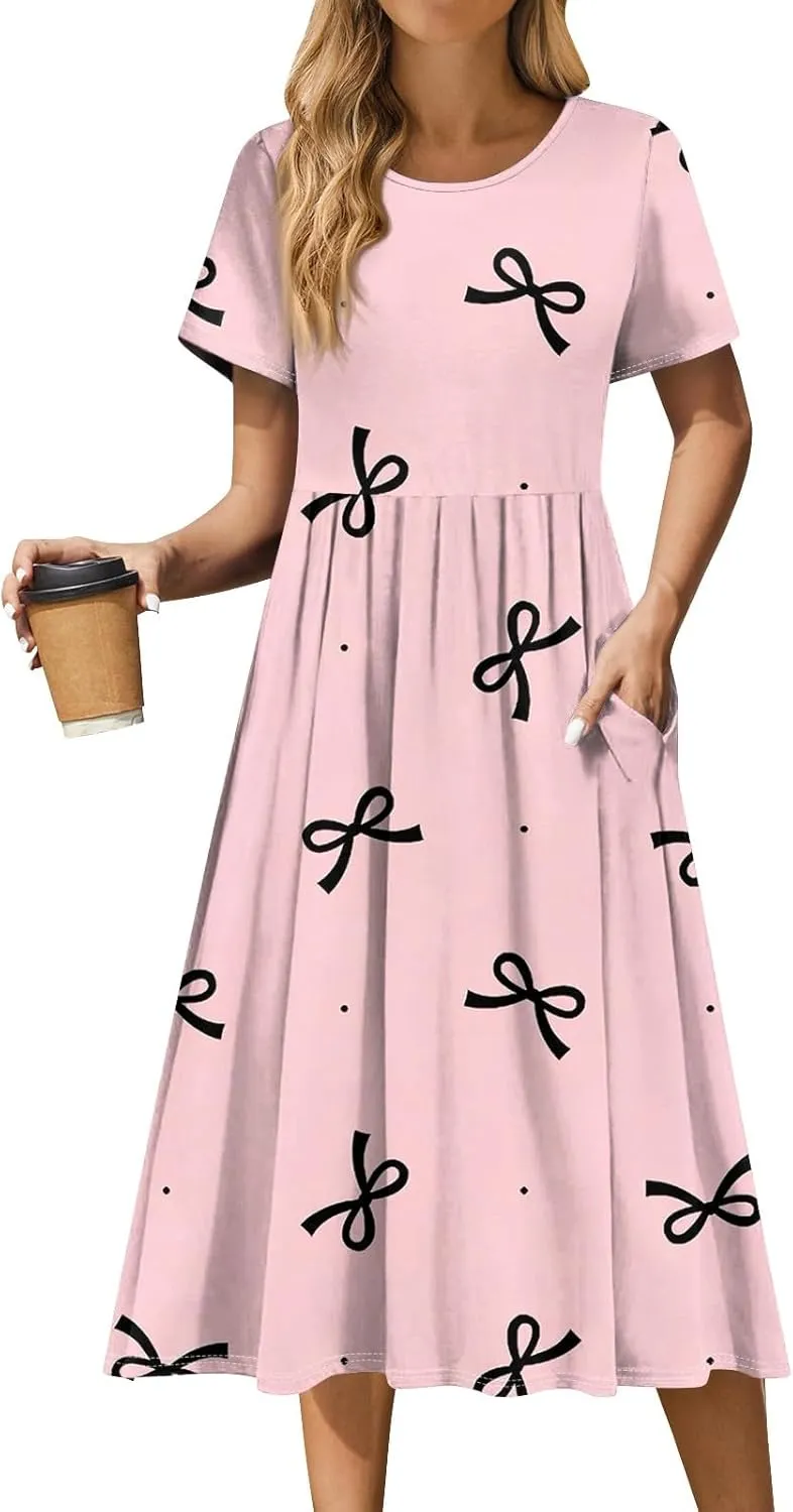 Summer Dresses for Women Casual Bodycon Dress Hawaiian Loose Short Sleeve Crewneck Beach Boho Vacation Midi Sundresse