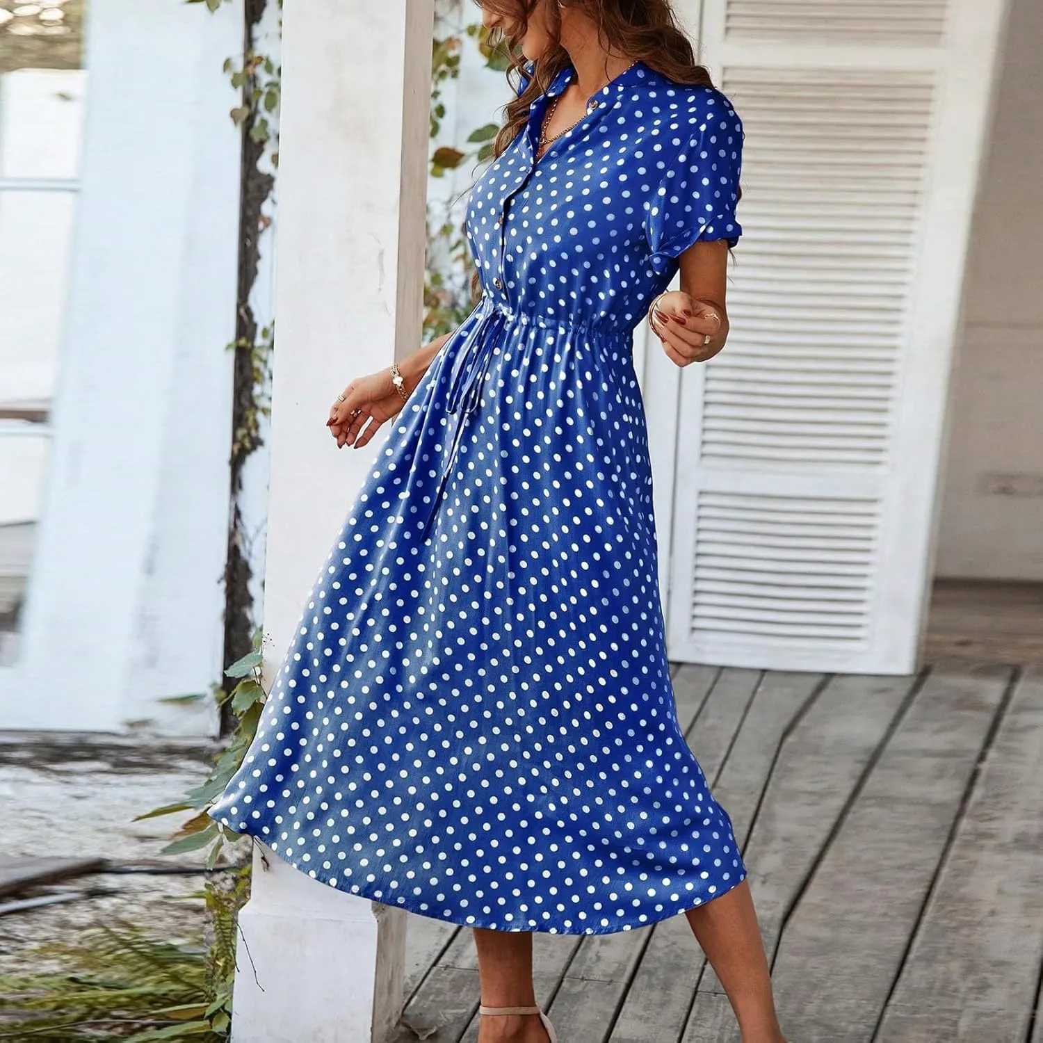 Summer Dresses for Women Trendy Short Sleeve Ruched Tie Waist Dress V Neck Polka Dot Button Down Boho Midi Sundress