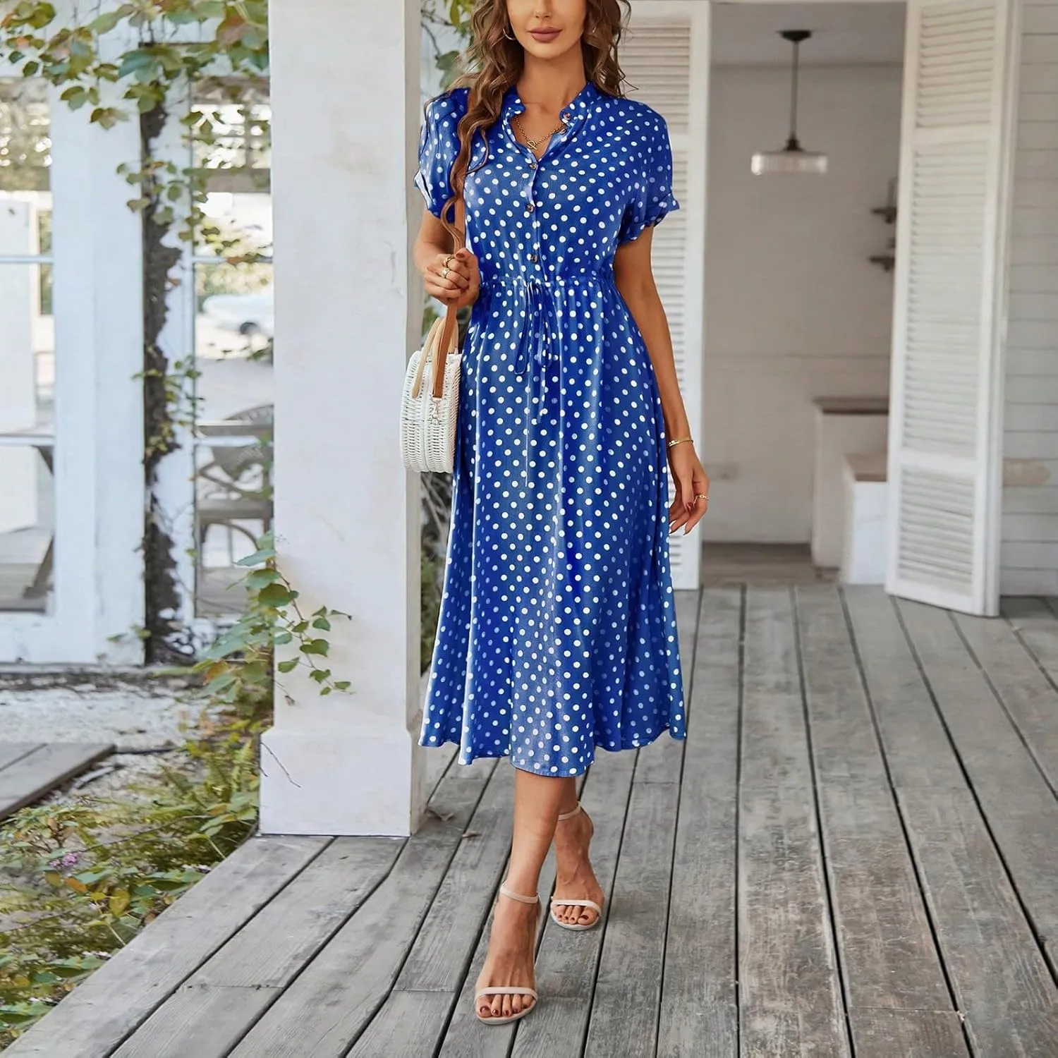 Summer Dresses for Women Trendy Short Sleeve Ruched Tie Waist Dress V Neck Polka Dot Button Down Boho Midi Sundress