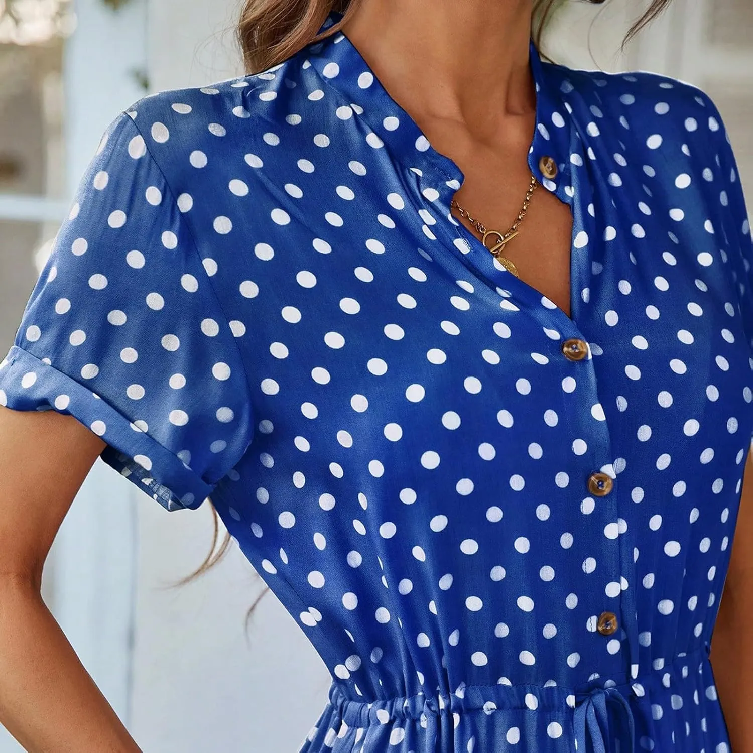 Summer Dresses for Women Trendy Short Sleeve Ruched Tie Waist Dress V Neck Polka Dot Button Down Boho Midi Sundress