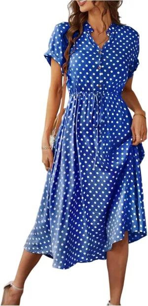 Summer Dresses for Women Trendy Short Sleeve Ruched Tie Waist Dress V Neck Polka Dot Button Down Boho Midi Sundress