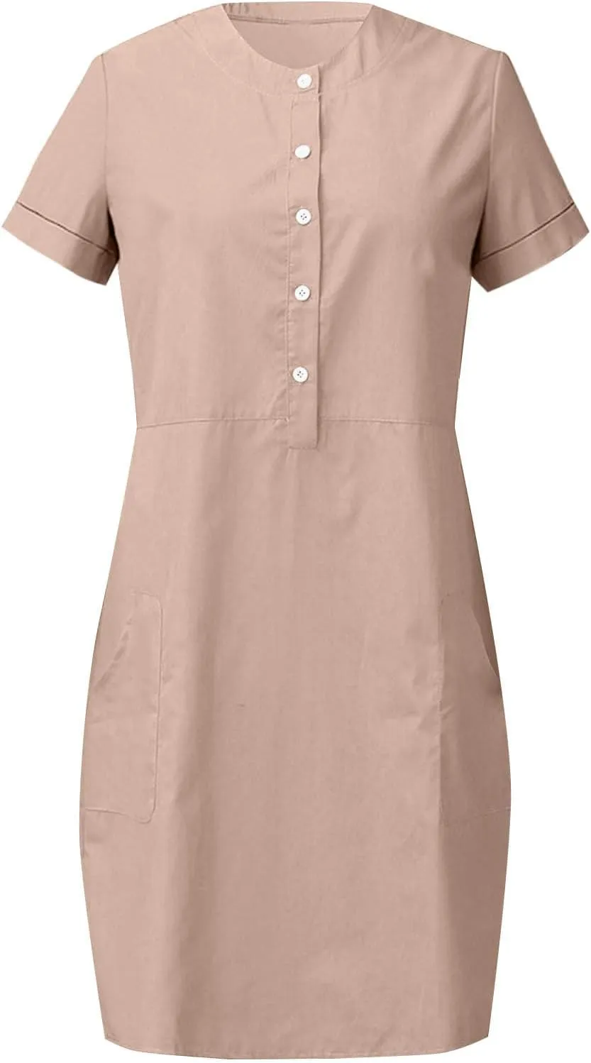 Summer Linen Mini Dress for Women Short Sleeve Shirt Dresses Button Crewneck Beach Vacation Sundress with Pockets