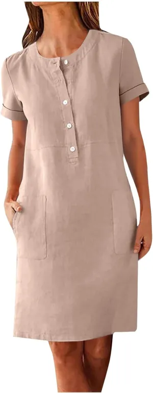Summer Linen Mini Dress for Women Short Sleeve Shirt Dresses Button Crewneck Beach Vacation Sundress with Pockets