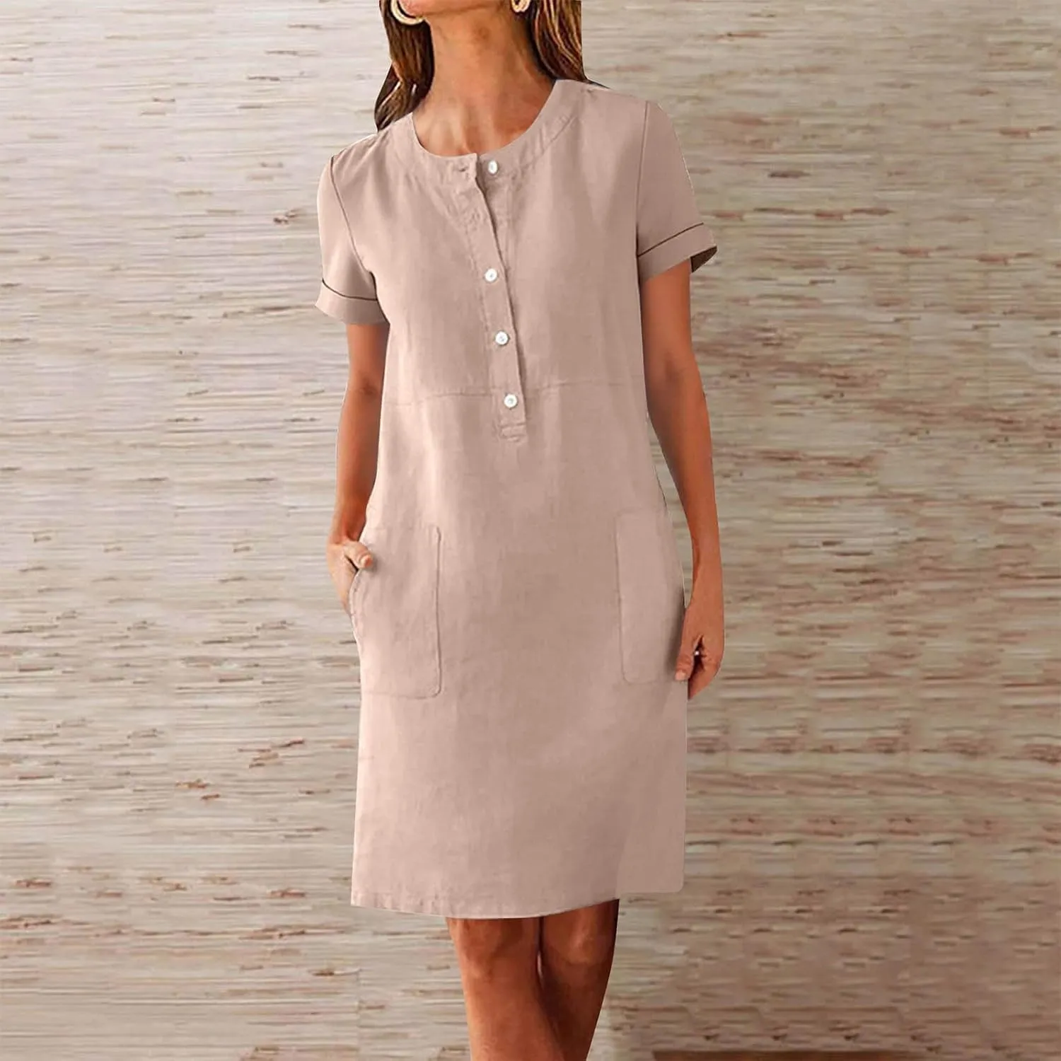 Summer Linen Mini Dress for Women Short Sleeve Shirt Dresses Button Crewneck Beach Vacation Sundress with Pockets