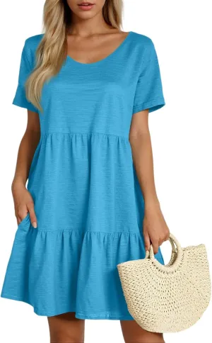 Sundresses for Women 2025 Tiered Flowy A Line Tshirt Dress Summer Loose Casual Boho Beach Cake Dresses with Pockets
