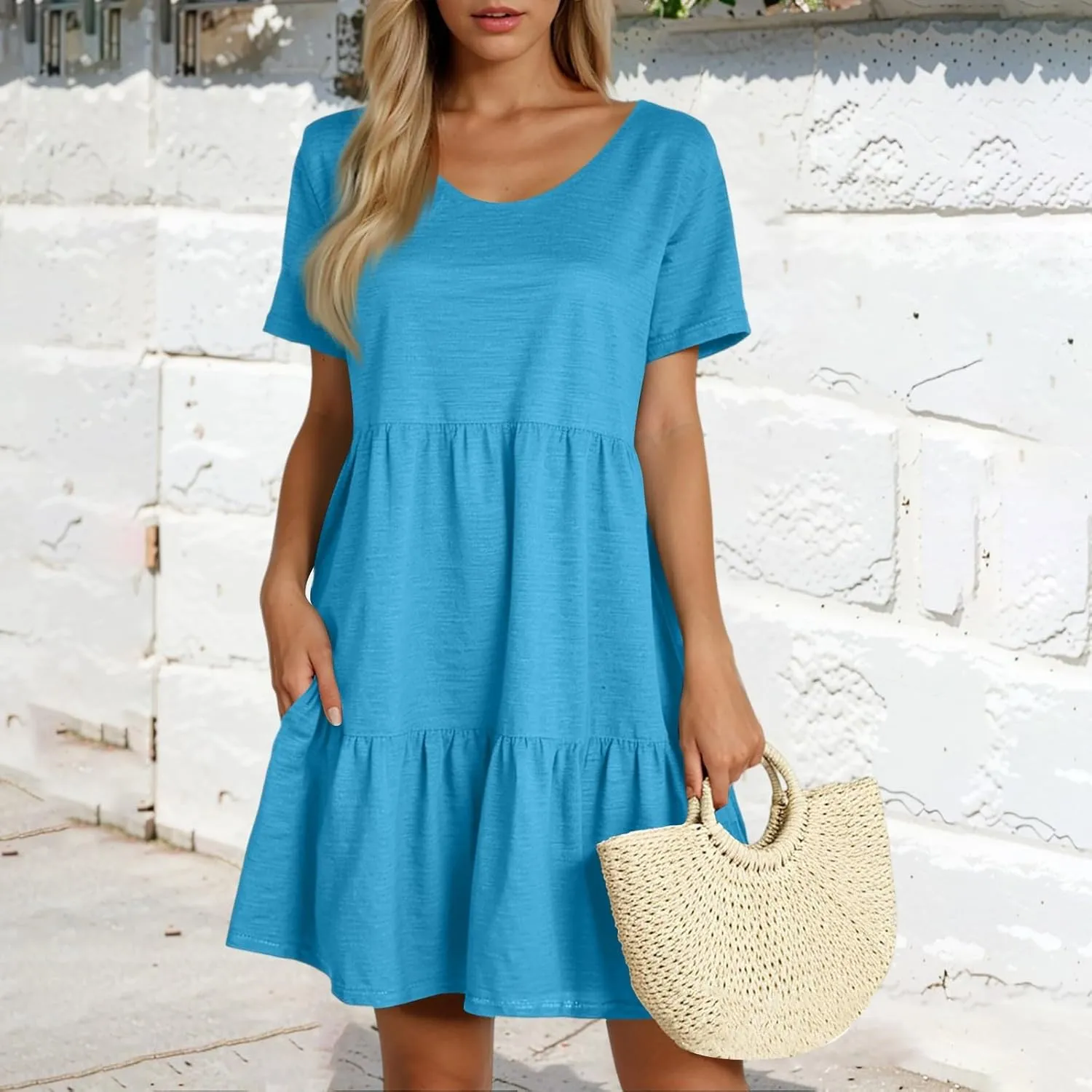 Sundresses for Women 2025 Tiered Flowy A Line Tshirt Dress Summer Loose Casual Boho Beach Cake Dresses with Pockets