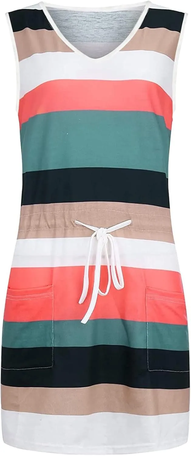 TARIENDY Dresses for Women Casual Summer Striped Dress Sleeveless Drawstring Sundress Comfy Vacation Outfits with Pockets