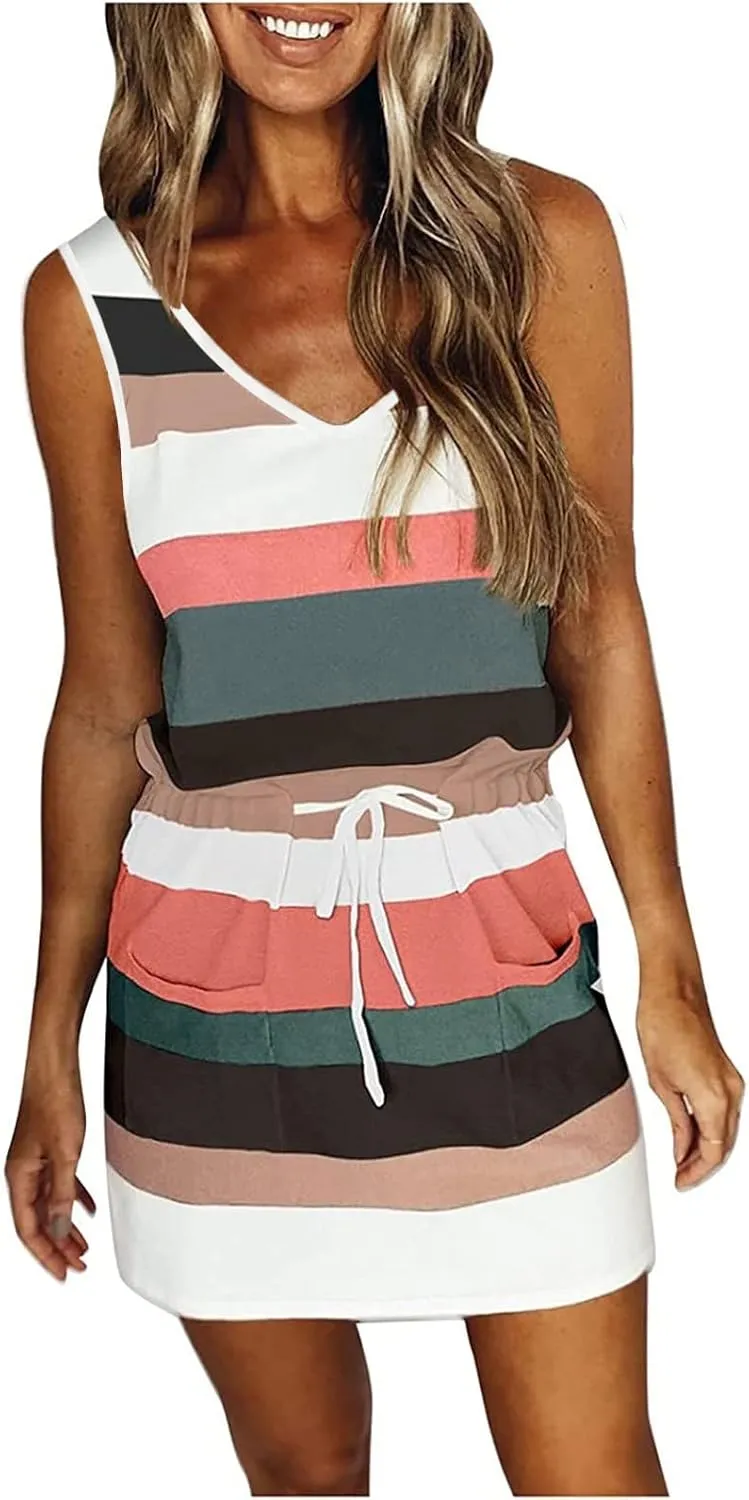 TARIENDY Dresses for Women Casual Summer Striped Dress Sleeveless Drawstring Sundress Comfy Vacation Outfits with Pockets