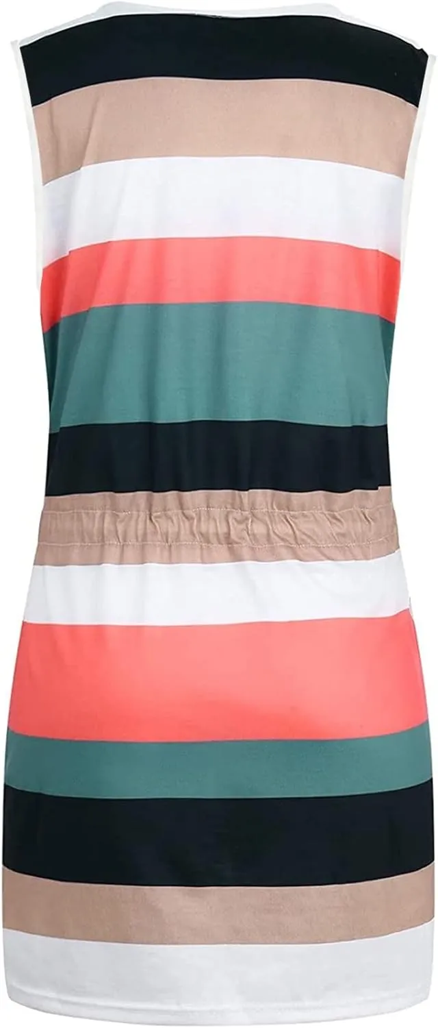 TARIENDY Dresses for Women Casual Summer Striped Dress Sleeveless Drawstring Sundress Comfy Vacation Outfits with Pockets