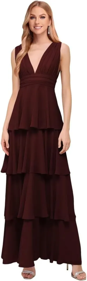 Tiered Long Chiffon Birdesmaid Dress Long for Wedding Women's V-Neck Formal Dress A-Line Prom Party Gown 2024