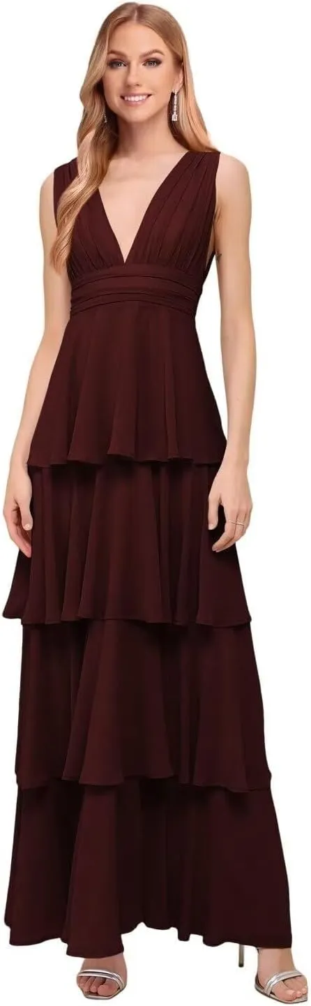 Tiered Long Chiffon Birdesmaid Dress Long for Wedding Women's V-Neck Formal Dress A-Line Prom Party Gown 2024