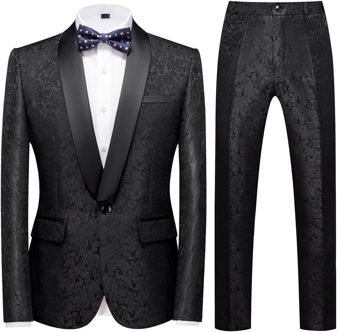 TRONSTORE Men's Velvet Suit Set Slim Fit 2 Piece Tuxedos Two Button Pattern Suit Jacket Pants Party Prom