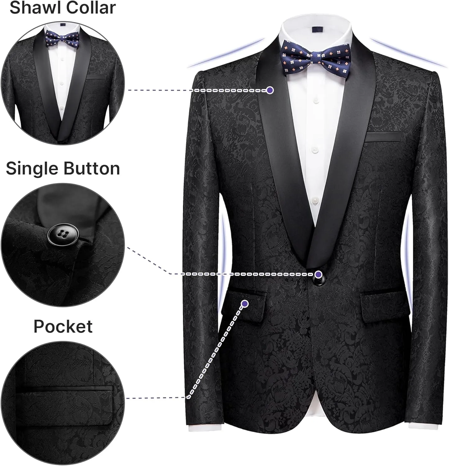 TRONSTORE Men's Velvet Suit Set Slim Fit 2 Piece Tuxedos Two Button Pattern Suit Jacket Pants Party Prom