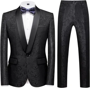 TRONSTORE Men's Velvet Suit Set Slim Fit 2 Piece Tuxedos Two Button Pattern Suit Jacket Pants Party Prom