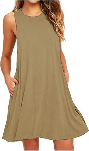 Tshirt Dress Women 2024 Summer Casual Sleeveless Crewneck Solid Midi Dresses with Pockets Going Out Sundress Fashion