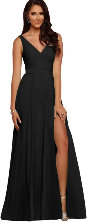 V Neck Bridesmaid Dresses Long Split Chiffon Pleated Wedding Evening Prom Gown for Women Black Size 12