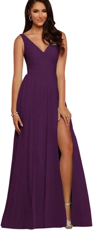 V Neck Bridesmaid Dresses Long Split Chiffon Pleated Wedding Evening Prom Gown for Women Grape Size 20