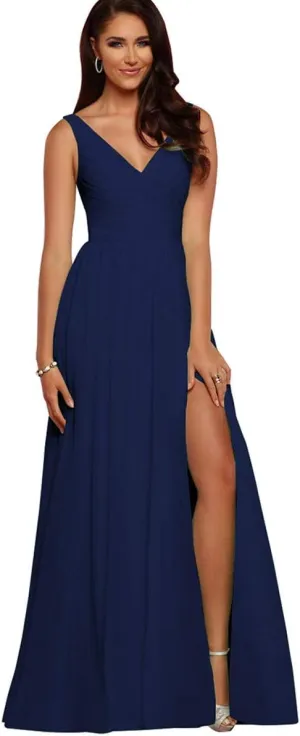 V Neck Bridesmaid Dresses Long Split Chiffon Pleated Wedding Evening Prom Gown for Women Navy Blue Size 12