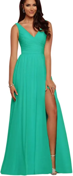 V Neck Bridesmaid Dresses Long Split Chiffon Pleated Wedding Evening Prom Gown for Women Turquoise Size 20