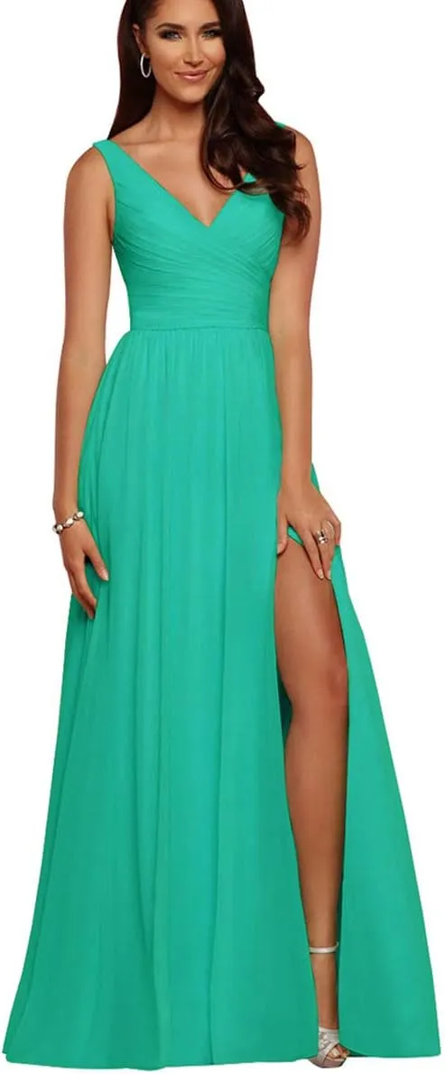 V Neck Bridesmaid Dresses Long Split Chiffon Pleated Wedding Evening Prom Gown for Women Turquoise Size 20