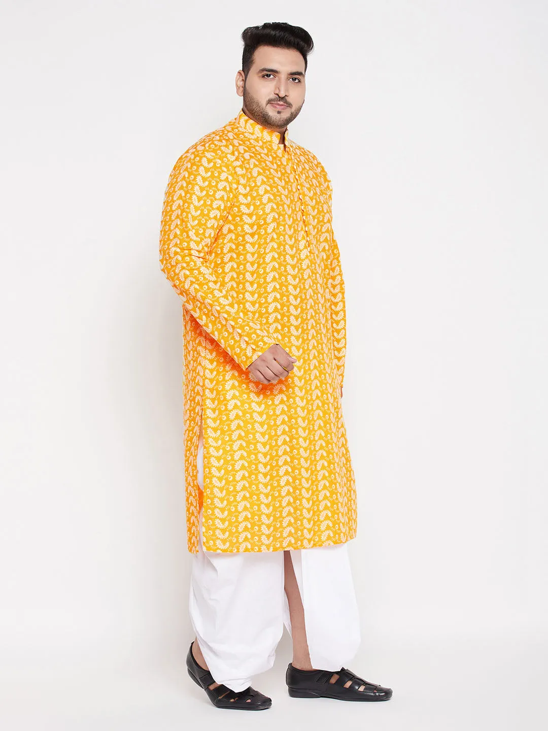 VASTRAMAY Men's Orange Chikankari Kurta Dhoti