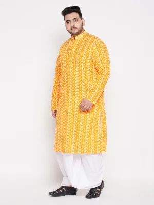 VASTRAMAY Men's Orange Chikankari Kurta Dhoti