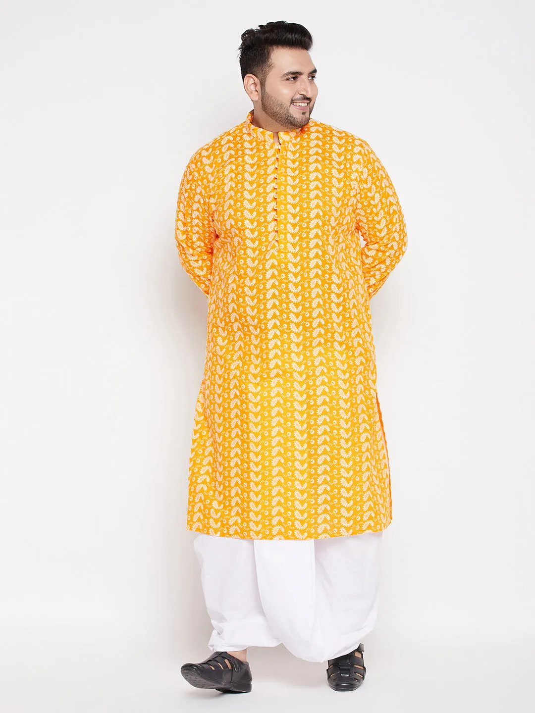 VASTRAMAY Men's Orange Chikankari Kurta Dhoti
