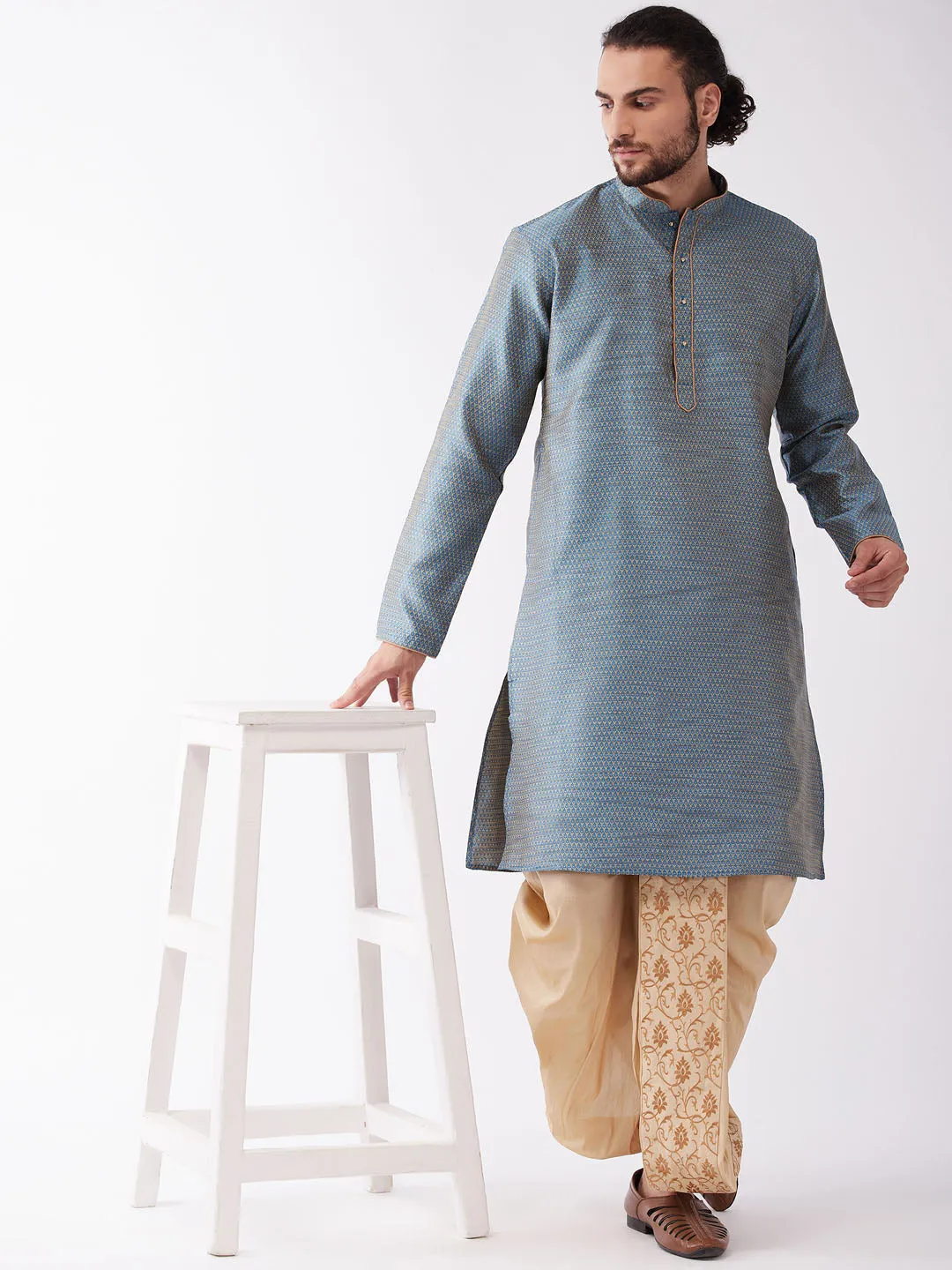 VASYTAMAY Men's Aqua Blue Silk Dhoti