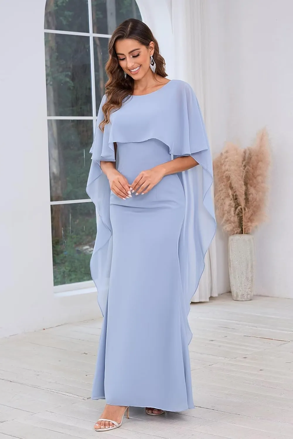 VCCICANY Mermaid Cape Sleeve Mother of The Bride Dresses for Wedding Chiffon Long Mother of The Groom Dresses