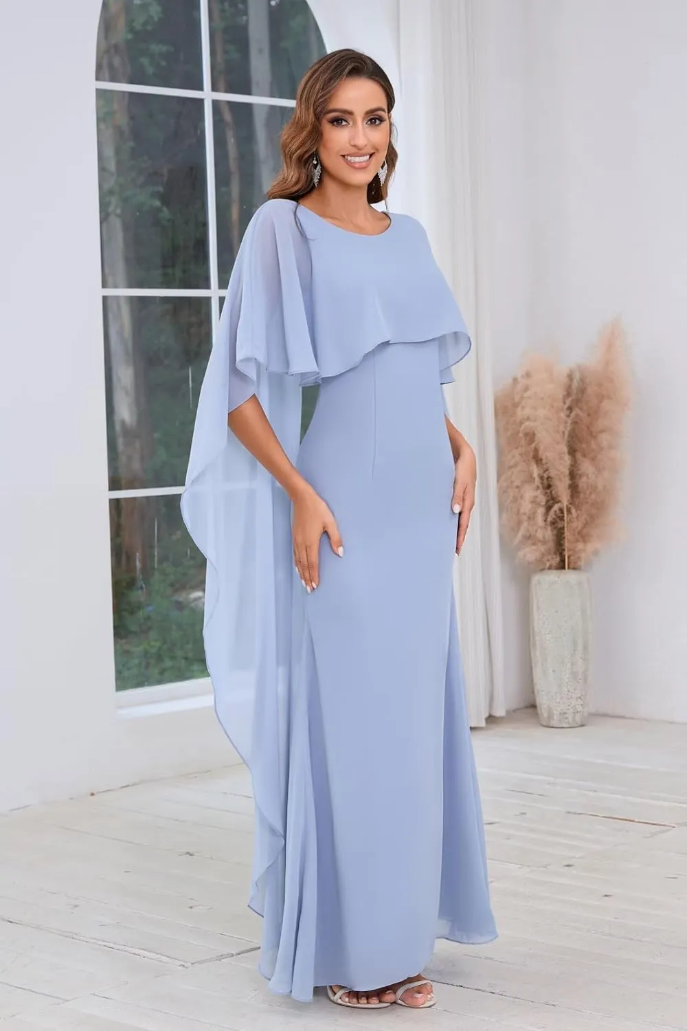 VCCICANY Mermaid Cape Sleeve Mother of The Bride Dresses for Wedding Chiffon Long Mother of The Groom Dresses