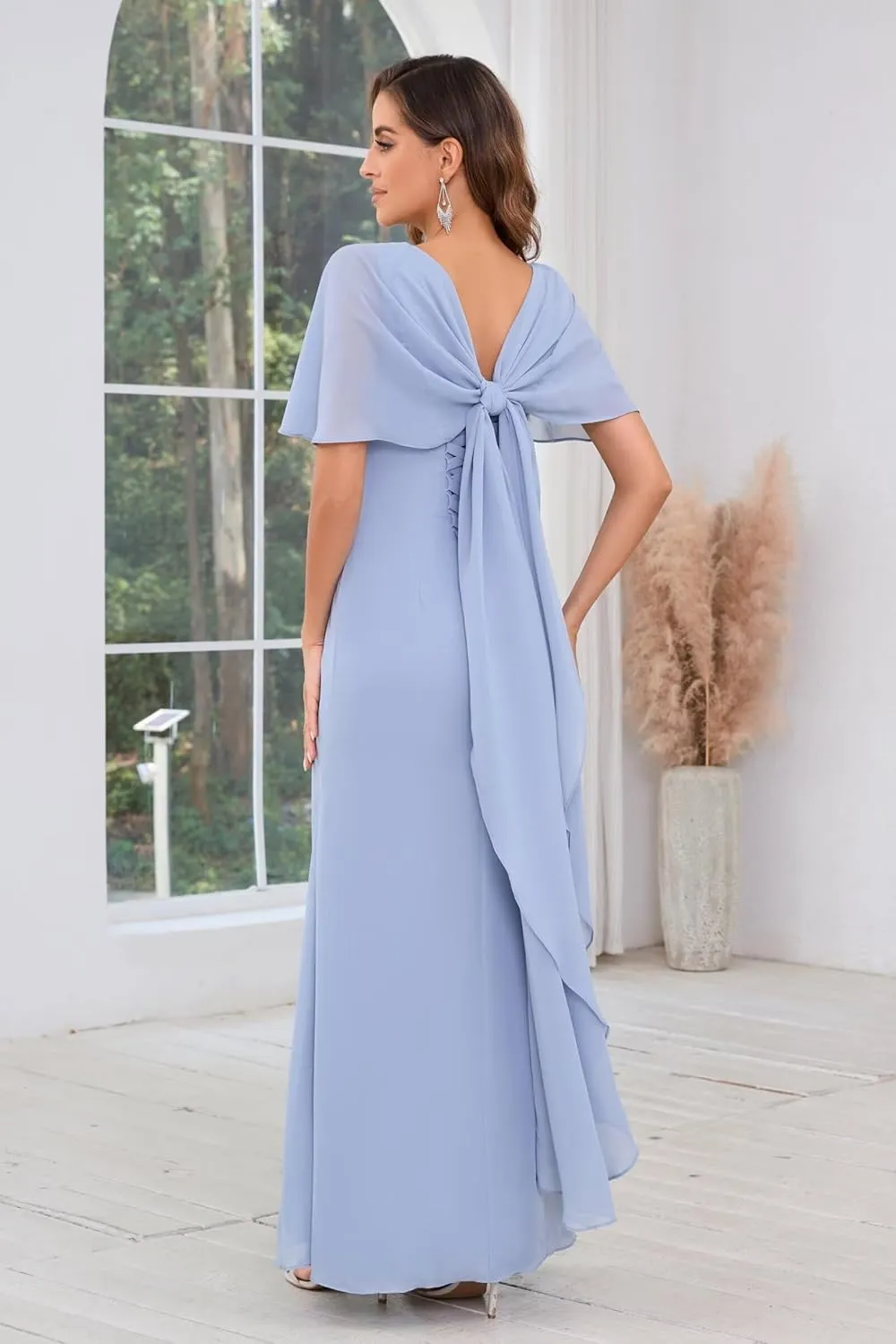 VCCICANY Mermaid Cape Sleeve Mother of The Bride Dresses for Wedding Chiffon Long Mother of The Groom Dresses