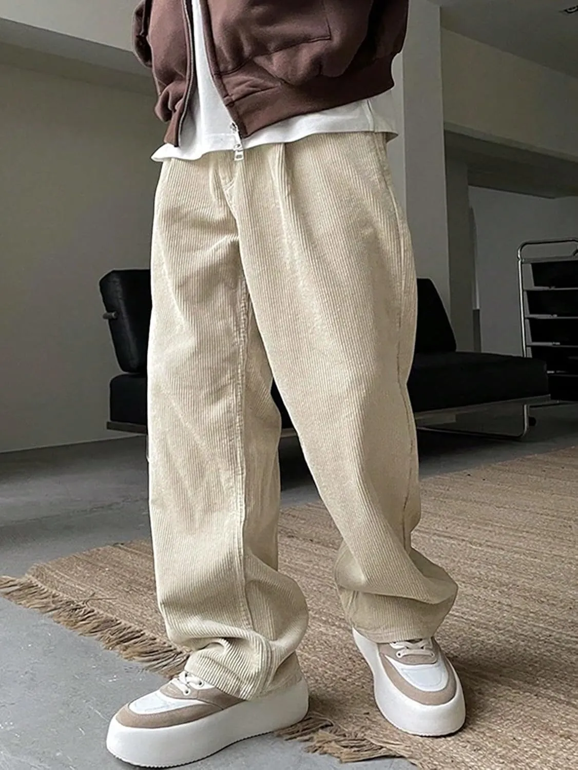 Verdusa Men's Casual Drawstring Elastic Waist Wide Leg Pants Long Trousers with Pockets