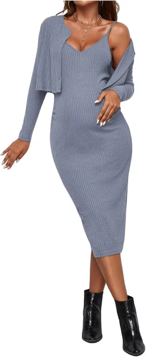 Verdusa Women's Maternity 2 Piece Rib Knit V Neck Long Cami Bodycon Dress and Long Sleeve Cardigan