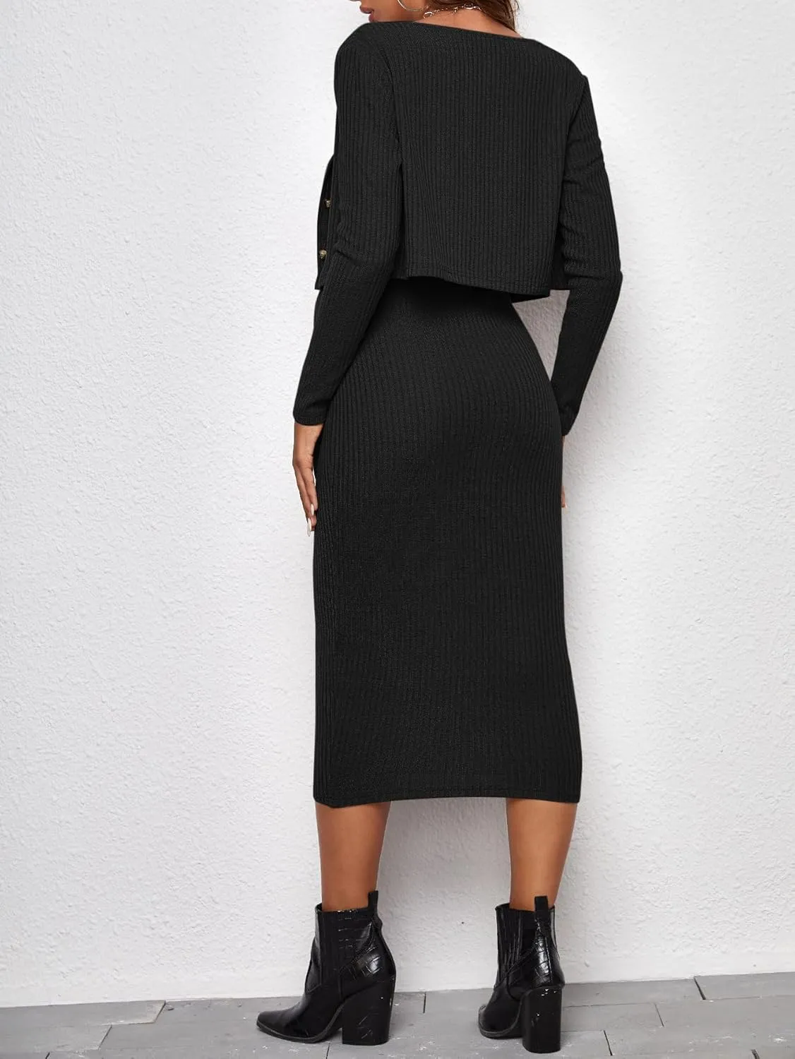 Verdusa Women's Maternity 2 Piece Rib Knit V Neck Long Cami Bodycon Dress and Long Sleeve Cardigan