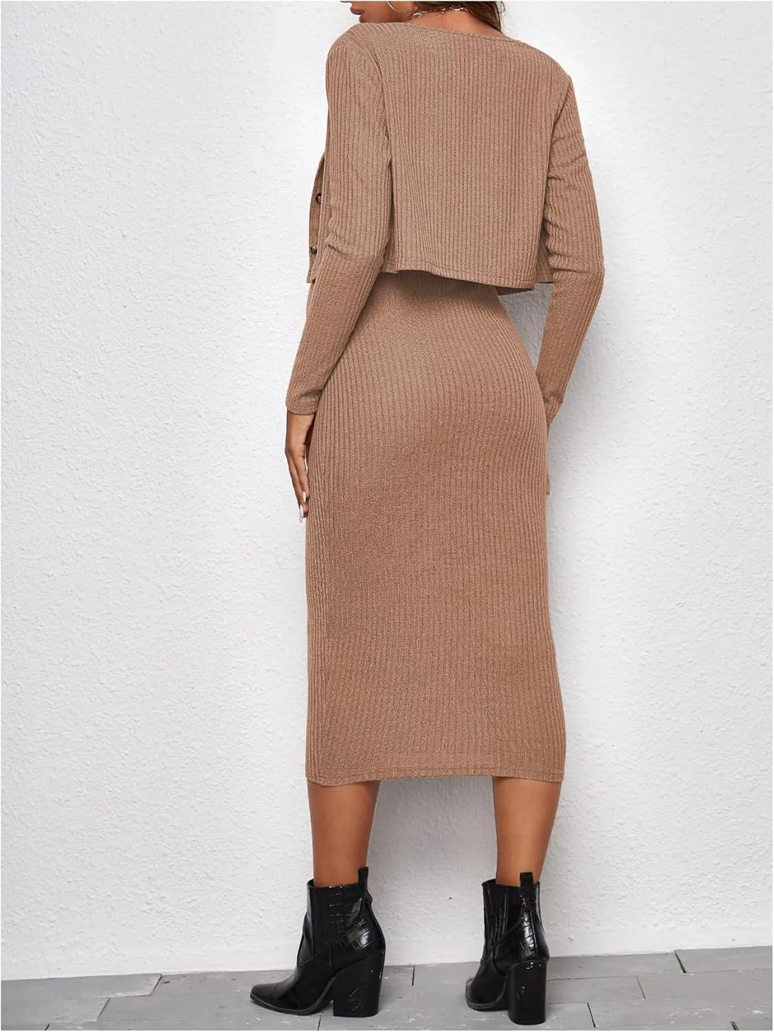Verdusa Women's Maternity 2 Piece Rib Knit V Neck Long Cami Bodycon Dress and Long Sleeve Cardigan