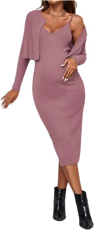Verdusa Women's Maternity 2 Piece Rib Knit V Neck Long Cami Bodycon Dress and Long Sleeve Cardigan