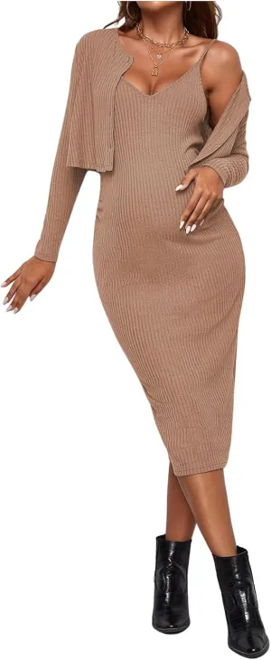 Verdusa Women's Maternity 2 Piece Rib Knit V Neck Long Cami Bodycon Dress and Long Sleeve Cardigan