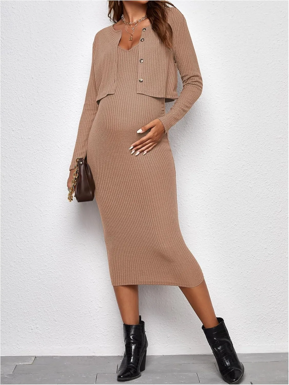 Verdusa Women's Maternity 2 Piece Rib Knit V Neck Long Cami Bodycon Dress and Long Sleeve Cardigan