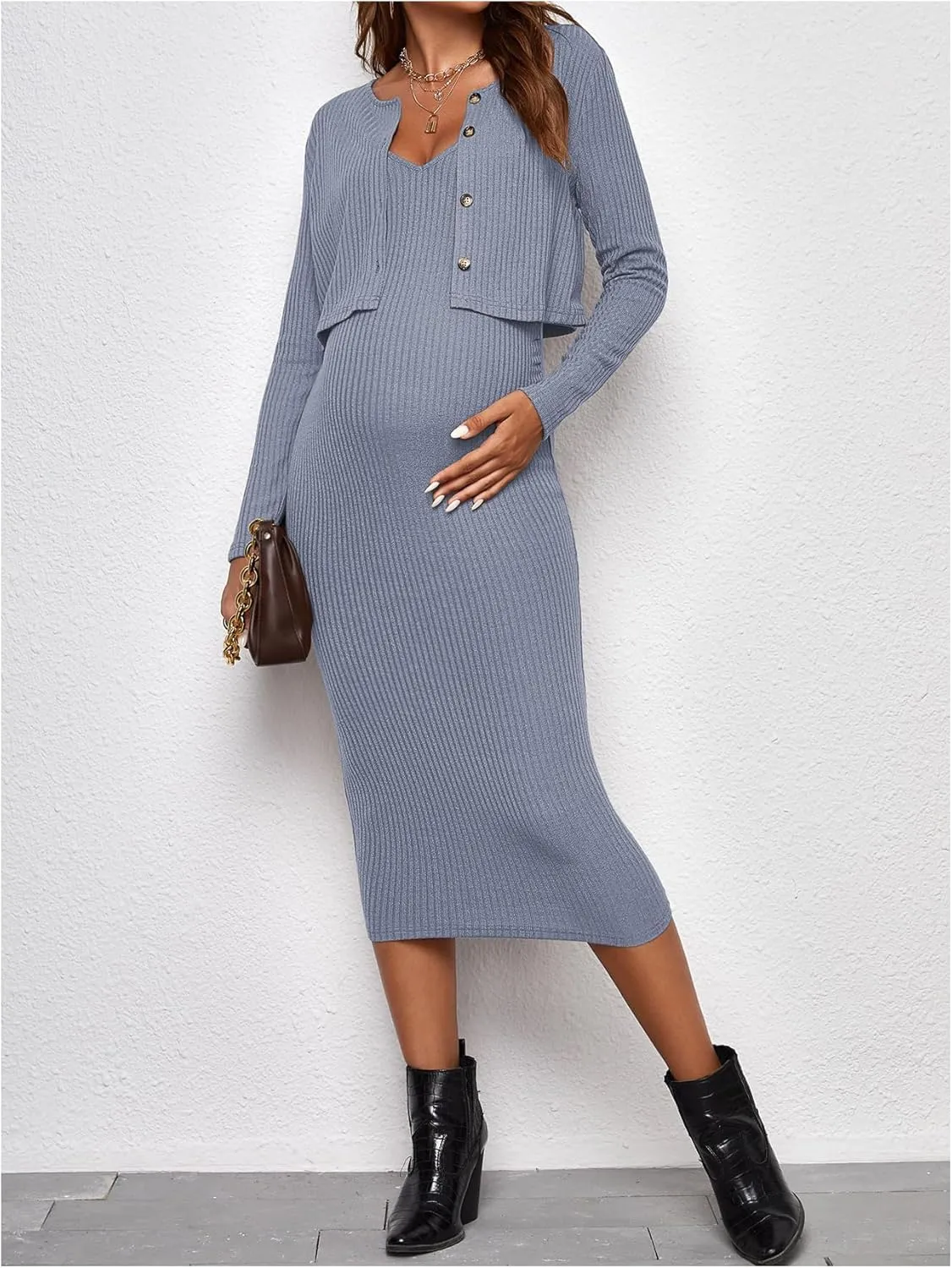 Verdusa Women's Maternity 2 Piece Rib Knit V Neck Long Cami Bodycon Dress and Long Sleeve Cardigan