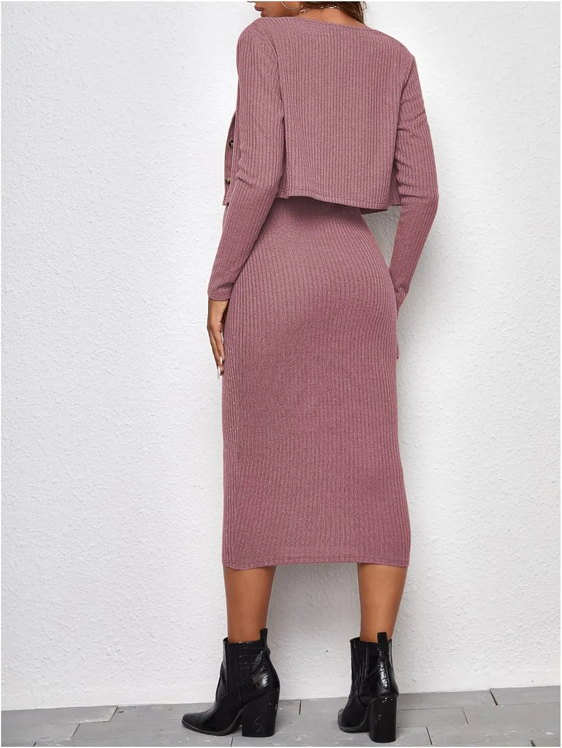 Verdusa Women's Maternity 2 Piece Rib Knit V Neck Long Cami Bodycon Dress and Long Sleeve Cardigan