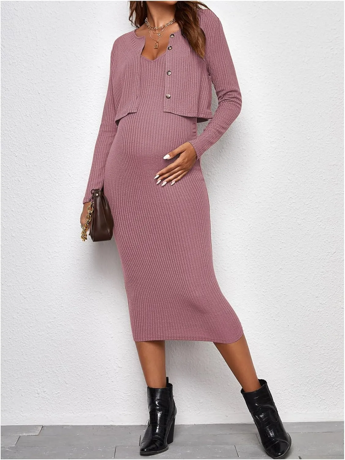 Verdusa Women's Maternity 2 Piece Rib Knit V Neck Long Cami Bodycon Dress and Long Sleeve Cardigan