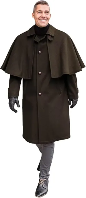 Victorian Men's Cashmere Long Overcoat with Cape Notch Lapel Trench Coat Regular Fit Cloak Pea Jacket in Winter