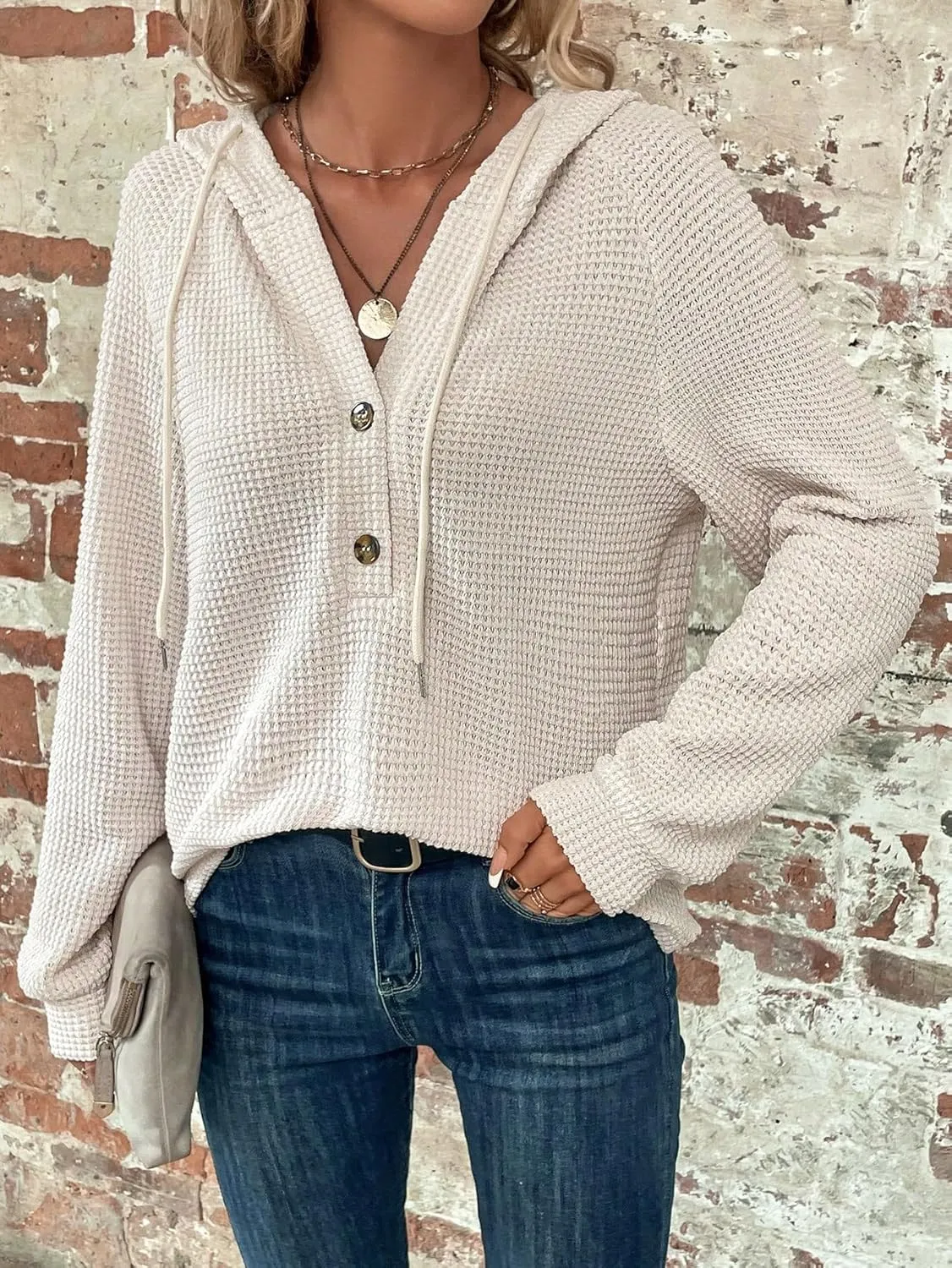 WDIRARA Women's Oversized Hoodies Waffle Knit Sweatshirt V Neck Button Up Hoodie Pullover